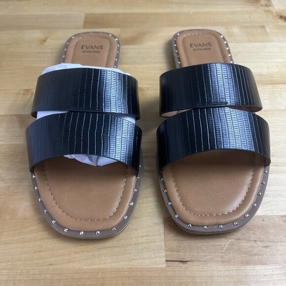 Evans Slide Sandal Riley Embossed Black Flat Studded Shoes Size 10 WIDE NEW - Picture 3 of 10